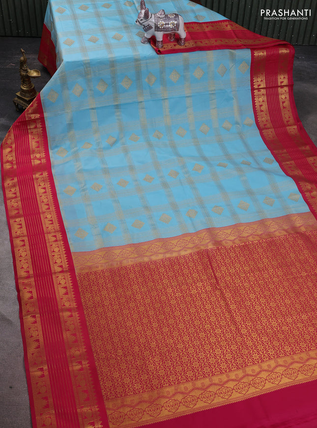 Semi kanchipuram silk saree teal blue and pink with allover zari checks & buttas and temple design rettapet zari woven border
