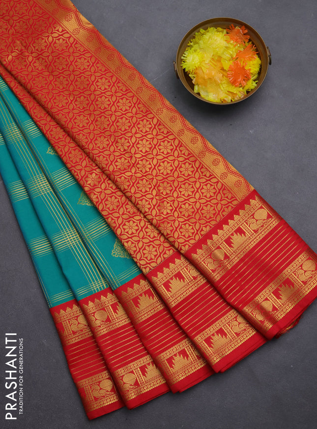 Semi kanchipuram silk saree teal green and red with allover zari checks & buttas and temple design rettapet zari woven border
