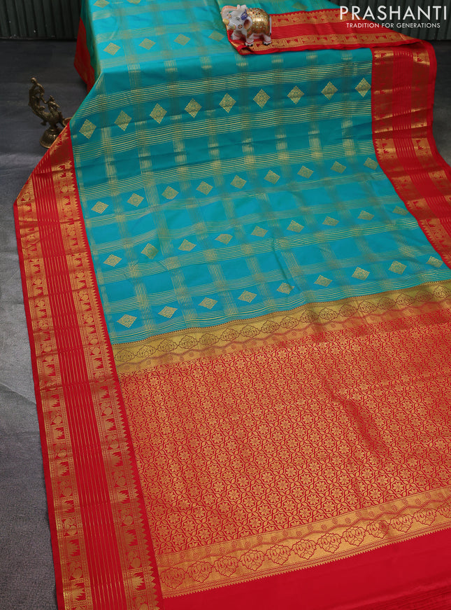 Semi kanchipuram silk saree teal green and red with allover zari checks & buttas and temple design rettapet zari woven border