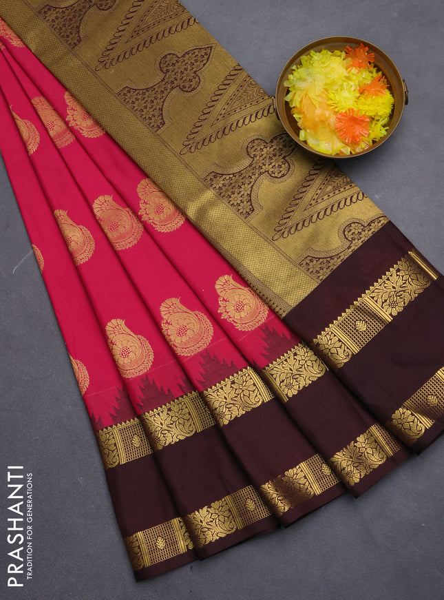 Semi kanchipuram silk saree pink and coffee brown with zari woven buttas and temple design rettapet zari woven border