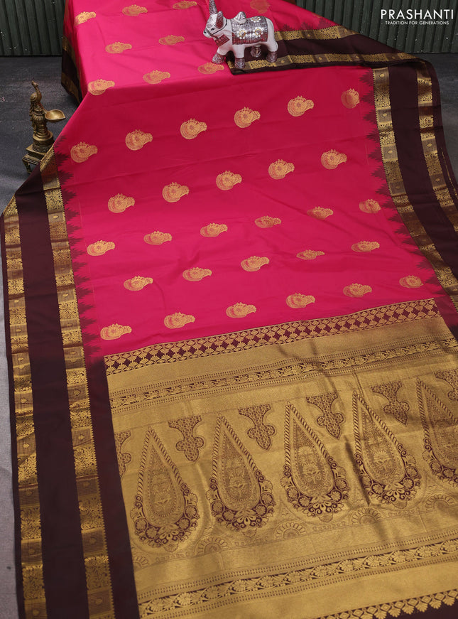Semi kanchipuram silk saree pink and coffee brown with zari woven buttas and temple design rettapet zari woven border