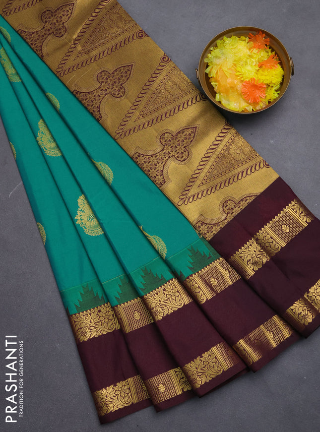 Semi kanchipuram silk saree green and coffee brown with zari woven buttas and temple design rettapet zari woven border