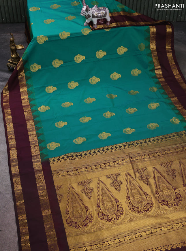 Semi kanchipuram silk saree green and coffee brown with zari woven buttas and temple design rettapet zari woven border