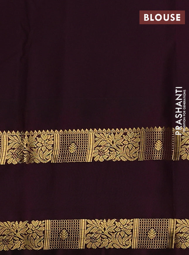 Semi kanchipuram silk saree green and coffee brown with zari woven buttas and temple design rettapet zari woven border