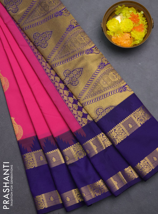 Semi kanchipuram silk saree pink and navy blue with zari woven buttas and temple design rettapet zari woven border