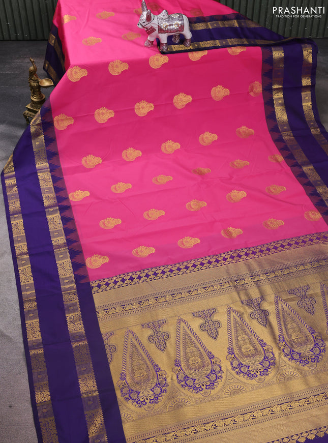 Semi kanchipuram silk saree pink and navy blue with zari woven buttas and temple design rettapet zari woven border