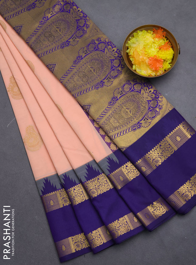 Semi kanchipuram silk saree peach orange and navy blue with zari woven buttas and temple design rettapet zari woven border