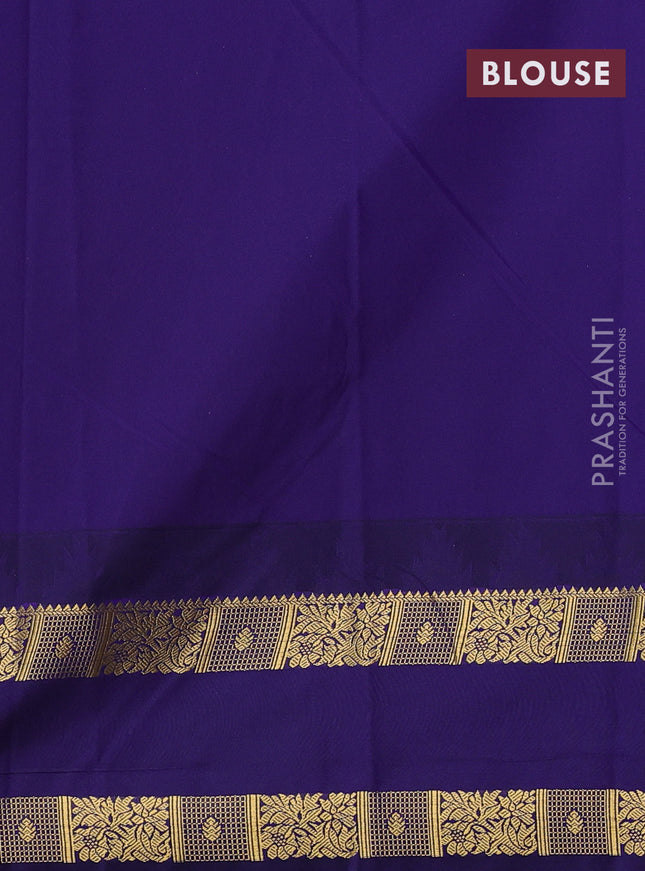 Semi kanchipuram silk saree peach orange and navy blue with zari woven buttas and temple design rettapet zari woven border