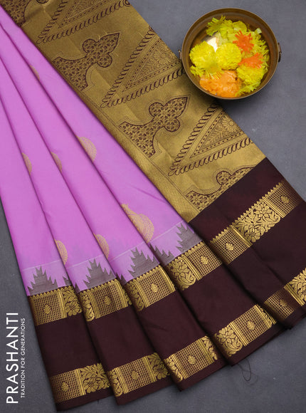 Semi kanchipuram silk saree lavender and coffee brown with zari woven buttas and temple design rettapet zari woven border