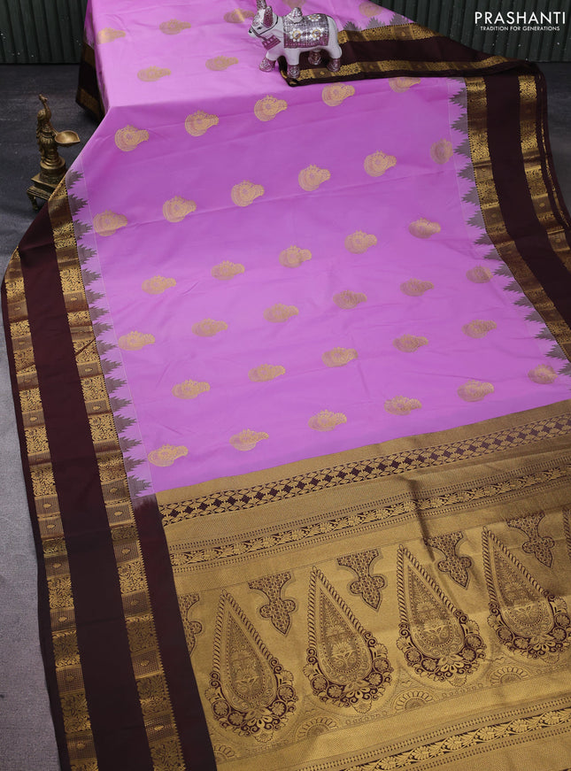 Semi kanchipuram silk saree lavender and coffee brown with zari woven buttas and temple design rettapet zari woven border