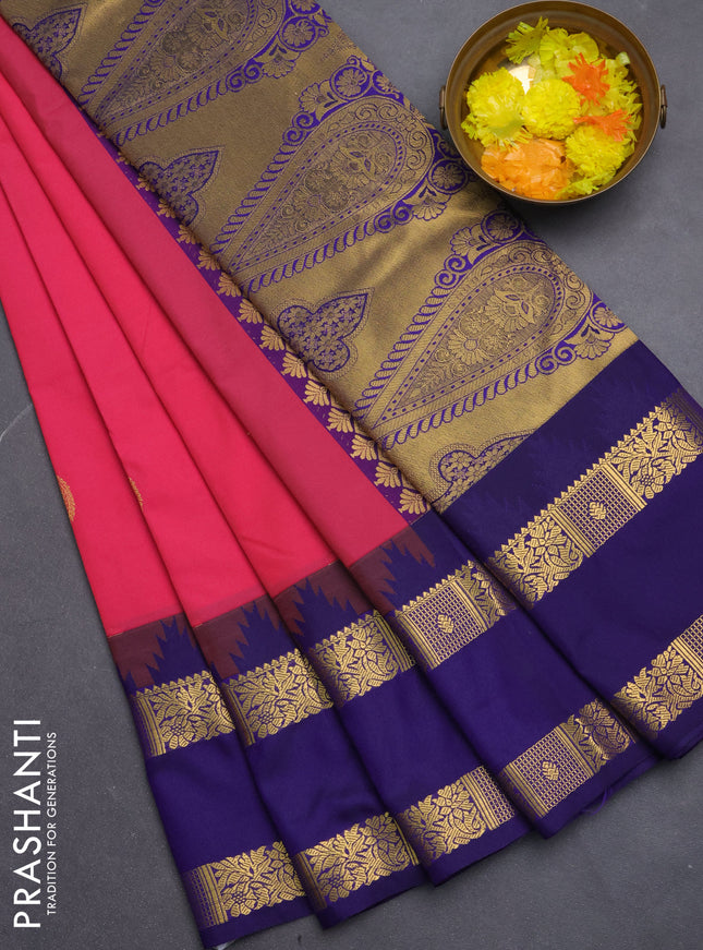 Semi kanchipuram silk saree pink and navy blue with zari woven buttas and temple design rettapet zari woven border