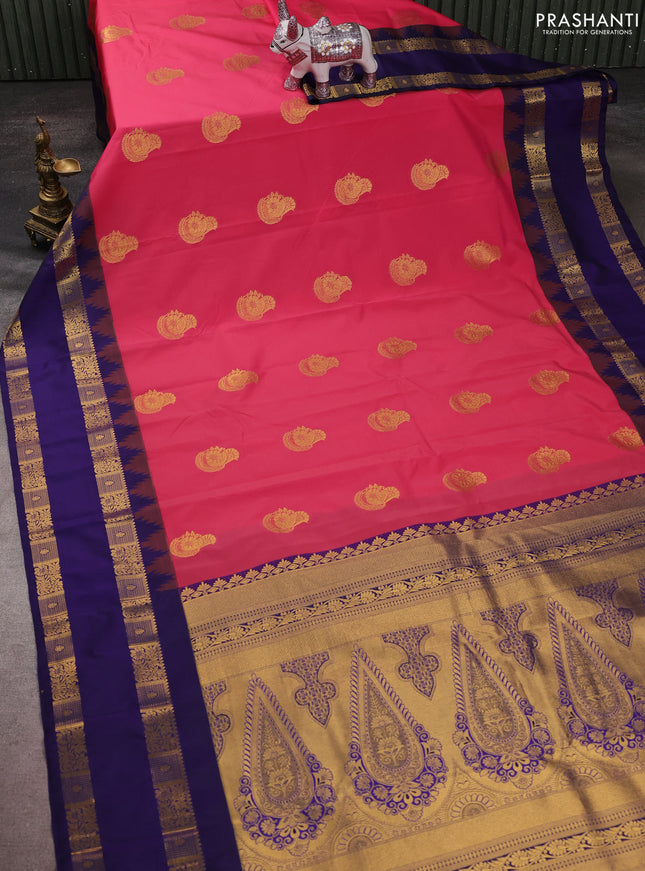 Semi kanchipuram silk saree pink and navy blue with zari woven buttas and temple design rettapet zari woven border