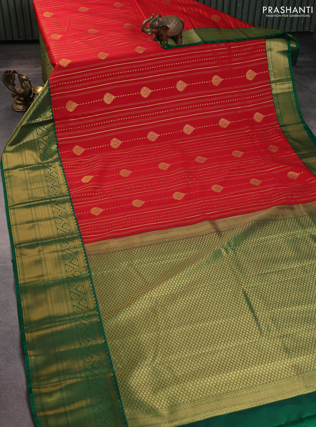 Semi kanchipuram silk saree tomato red and green with allover zari stripes pattern & buttas and long zari woven korvai border