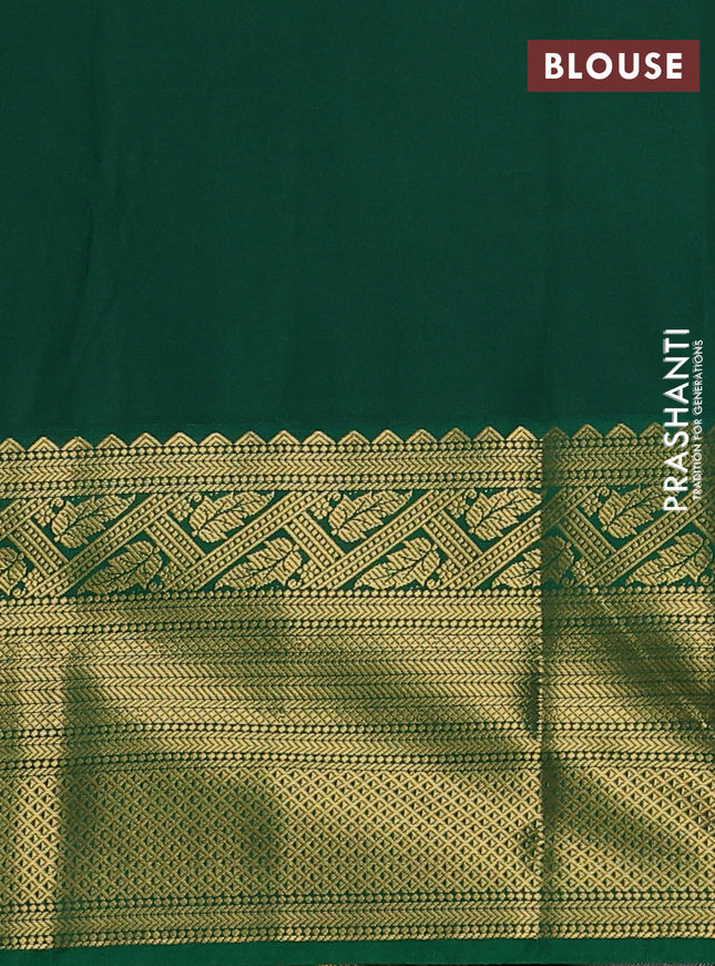 Semi kanchipuram silk saree tomato red and green with allover zari stripes pattern & buttas and long zari woven korvai border