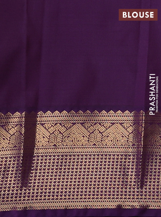 Semi kanchipuram silk saree mustard yellow and purple with allover zari checks & buttas and zari woven border