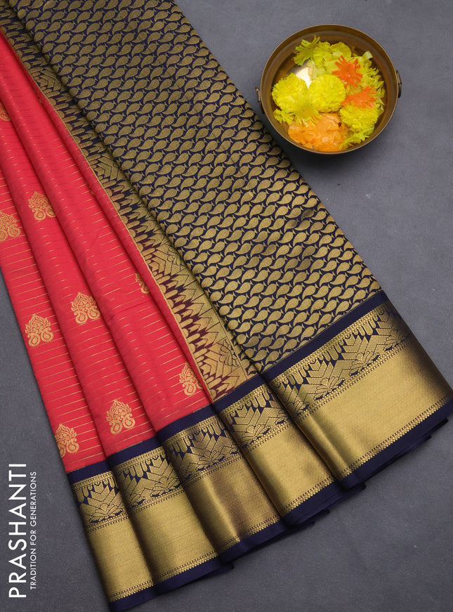 Semi kanchipuram silk saree peach pink and navy blue with allover zari weaves & buttas and rich zari korvai border