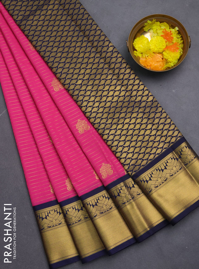 Semi kanchipuram silk saree pink and navy blue with allover zari weaves & buttas and rich zari korvai border