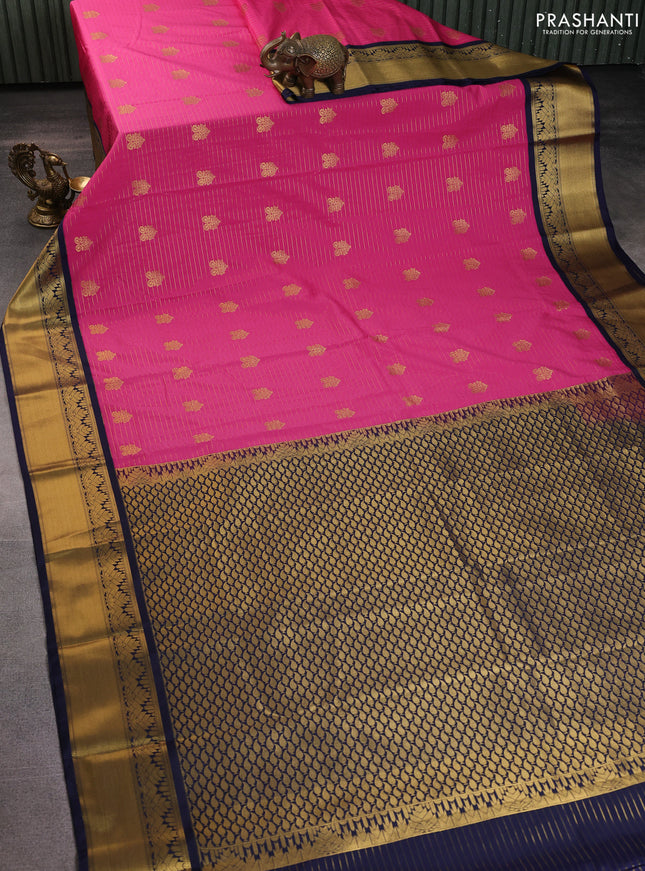 Semi kanchipuram silk saree pink and navy blue with allover zari weaves & buttas and rich zari korvai border