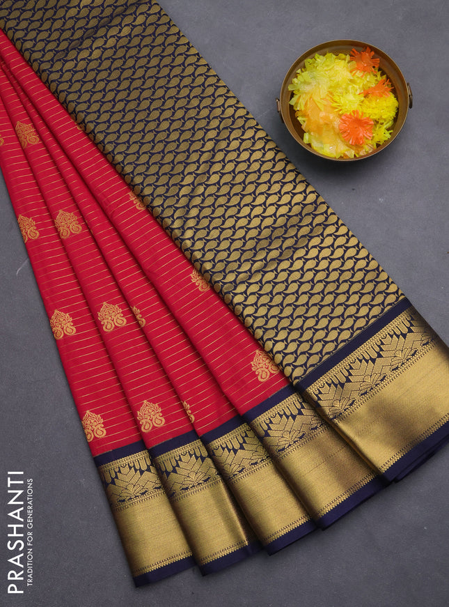 Semi kanchipuram silk saree pink and navy blue with allover zari weaves & buttas and rich zari korvai border