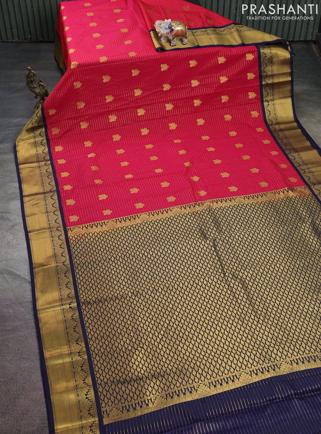 Semi kanchipuram silk saree pink and navy blue with allover zari weaves & buttas and rich zari korvai border