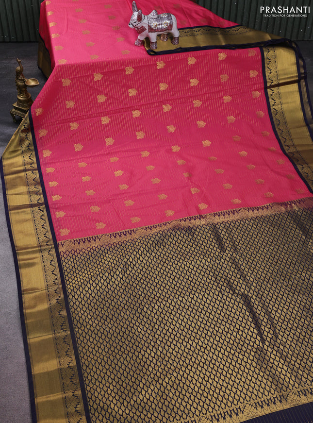 Semi kanchipuram silk saree peach pink and navy blue with allover zari weaves & buttas and rich zari korvai border