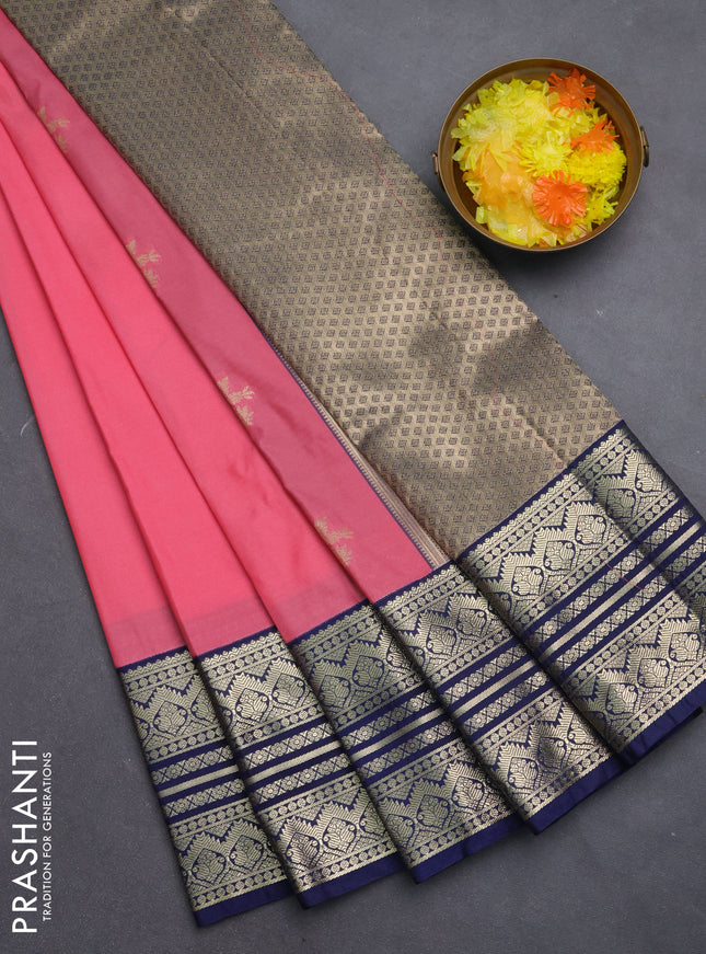 Semi kanchipuram silk saree peach pink and navy blue with zari woven buttas and zari woven border