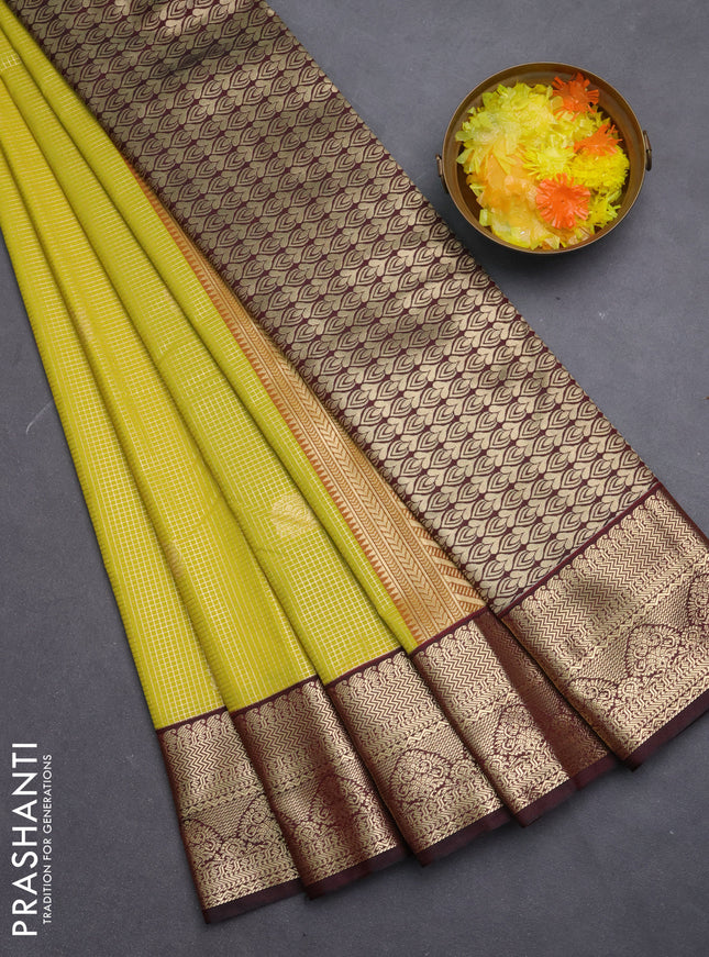 Semi kanchipuram silk saree lime green and deep maroon with allover zari small checks & buttas and zari woven border