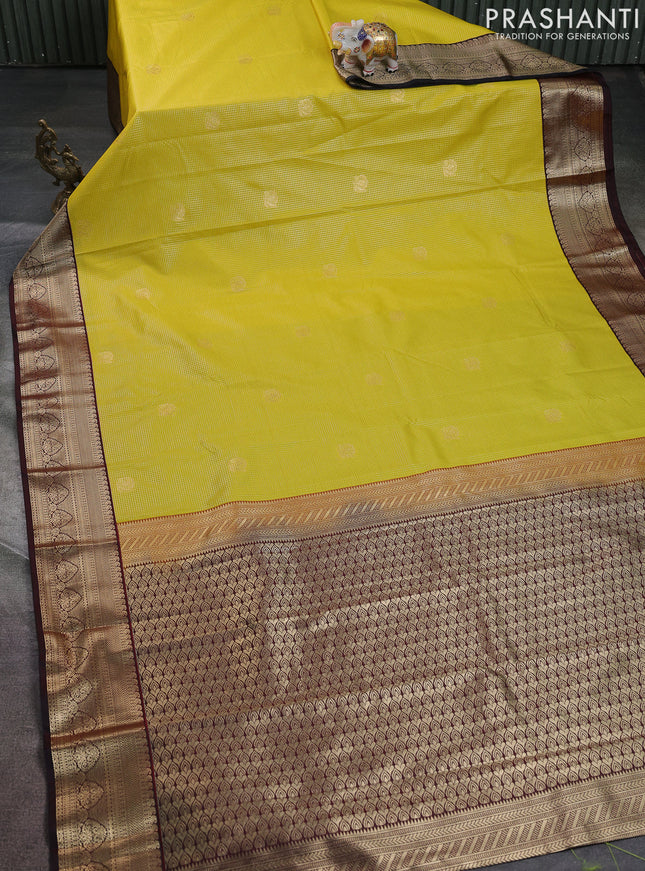 Semi kanchipuram silk saree lime green and deep maroon with allover zari small checks & buttas and zari woven border