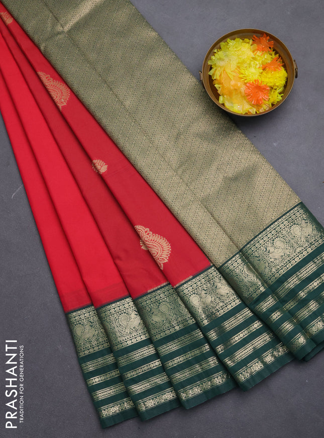 Semi kanchipuram silk saree tomato red and green with zari woven buttas and zari woven border