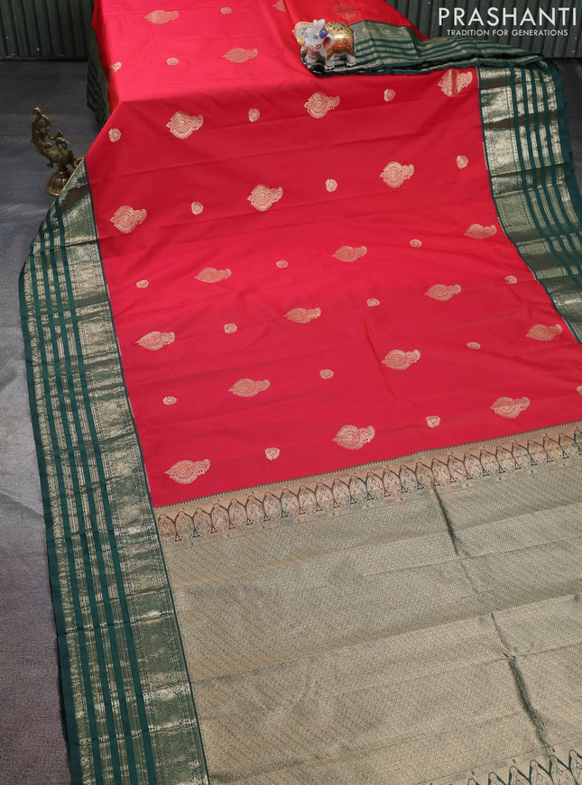 Semi kanchipuram silk saree tomato red and green with zari woven buttas and zari woven border
