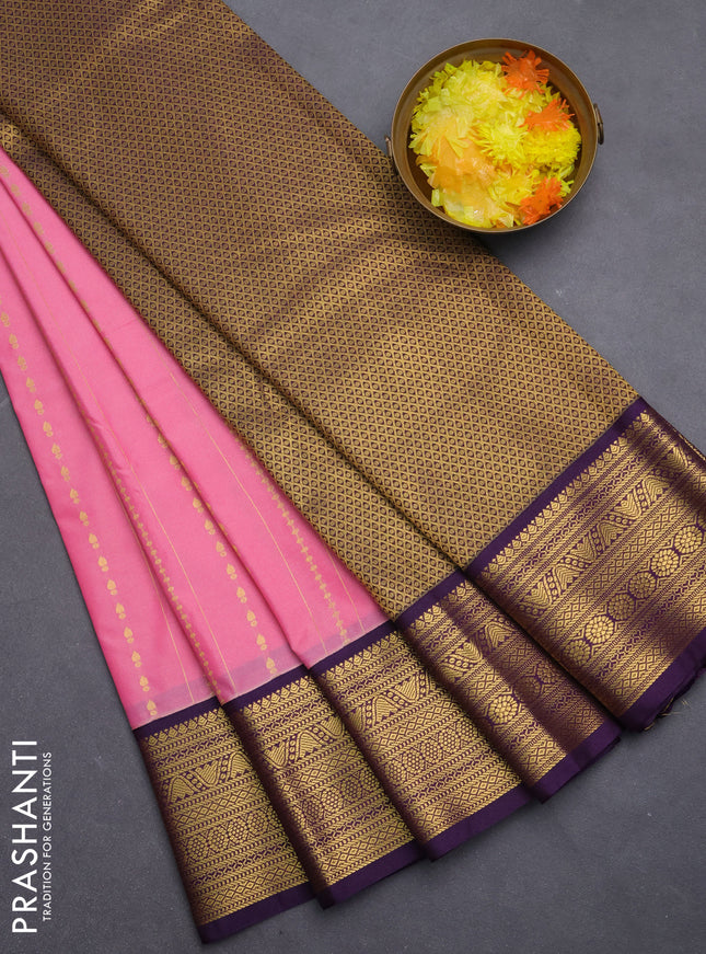 Semi kanchipuram silk saree peach pink and purple with allover zari weaves & buttas and zari woven korvai border