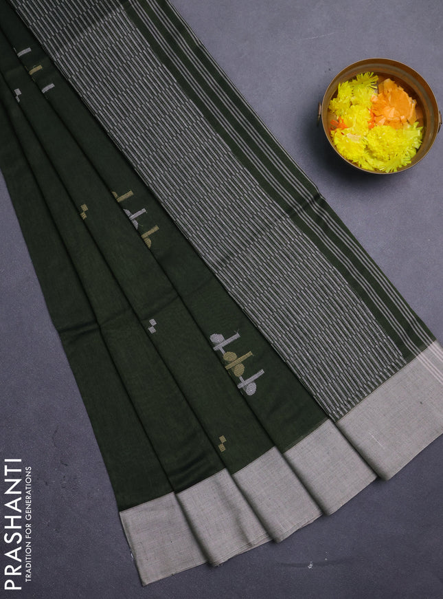 Bengal soft cotton saree bottle green and beige with thread woven buttas and simple border