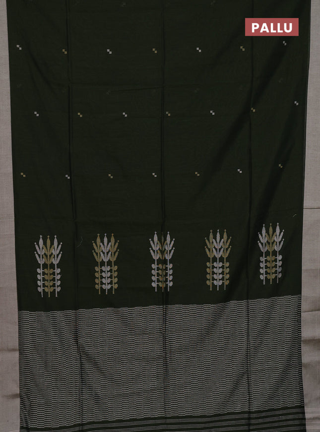 Bengal soft cotton saree bottle green and beige with thread woven buttas and simple border