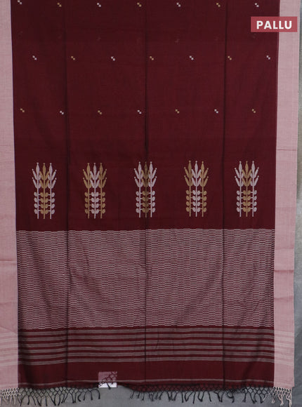 Bengal soft cotton saree deep maroon and beige with thread woven buttas and simple border