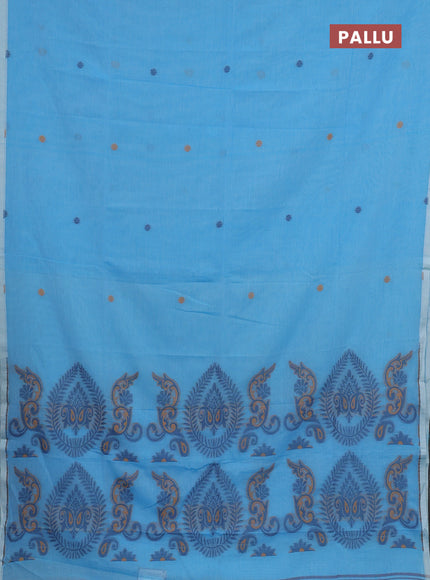 Bengal soft cotton saree light blue with thread woven buttas and piping border