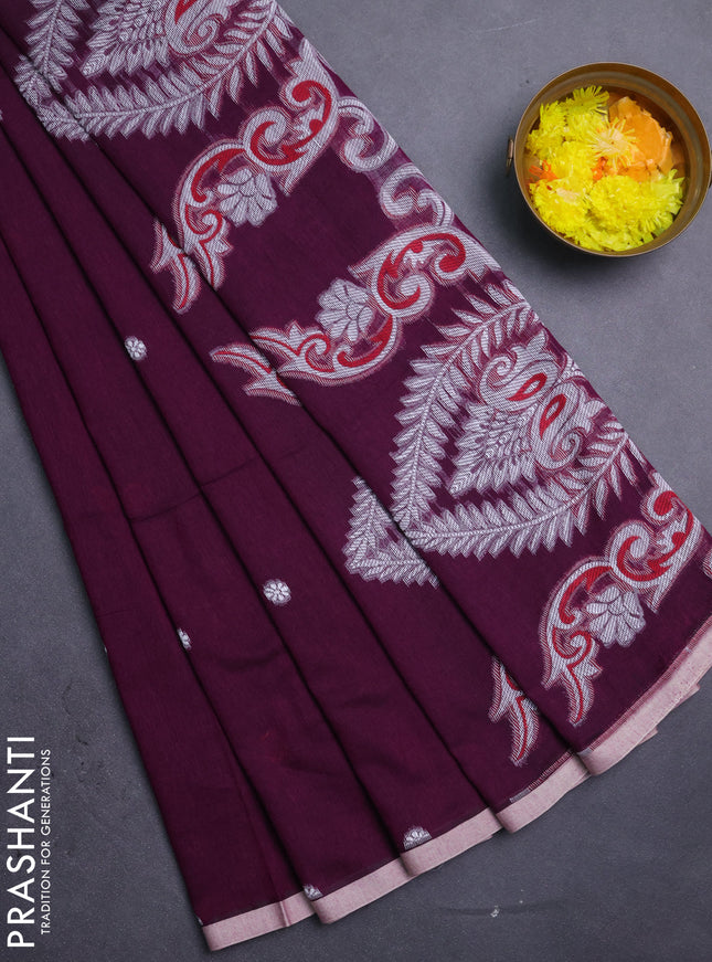 Bengal soft cotton saree dark magenta and beige with thread woven buttas and piping border