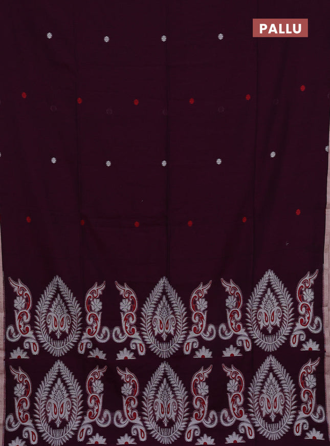 Bengal soft cotton saree dark magenta and beige with thread woven buttas and piping border