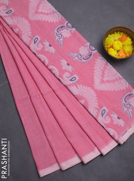 Bengal soft cotton saree pink with thread woven buttas and piping border