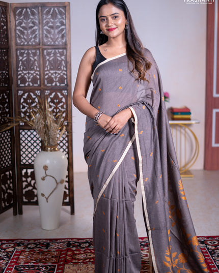 Bengal soft cotton saree dark grey with thread woven buttas and piping border