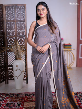 Bengal soft cotton saree dark grey with thread woven buttas and piping border