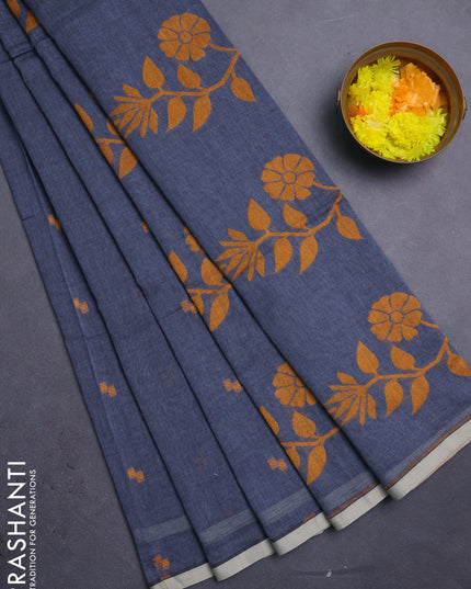 Bengal soft cotton saree dark grey with thread woven buttas and piping border