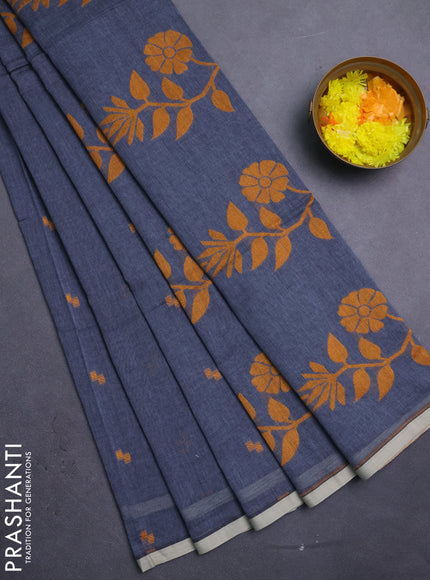 Bengal soft cotton saree dark grey with thread woven buttas and piping border