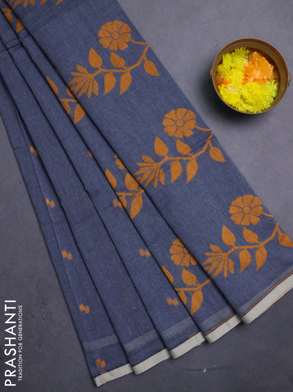 Bengal soft cotton saree dark grey with thread woven buttas and piping border