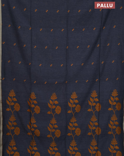 Bengal soft cotton saree dark grey with thread woven buttas and piping border