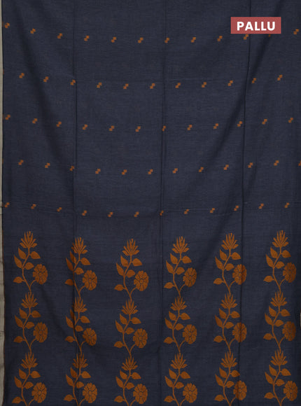Bengal soft cotton saree dark grey with thread woven buttas and piping border