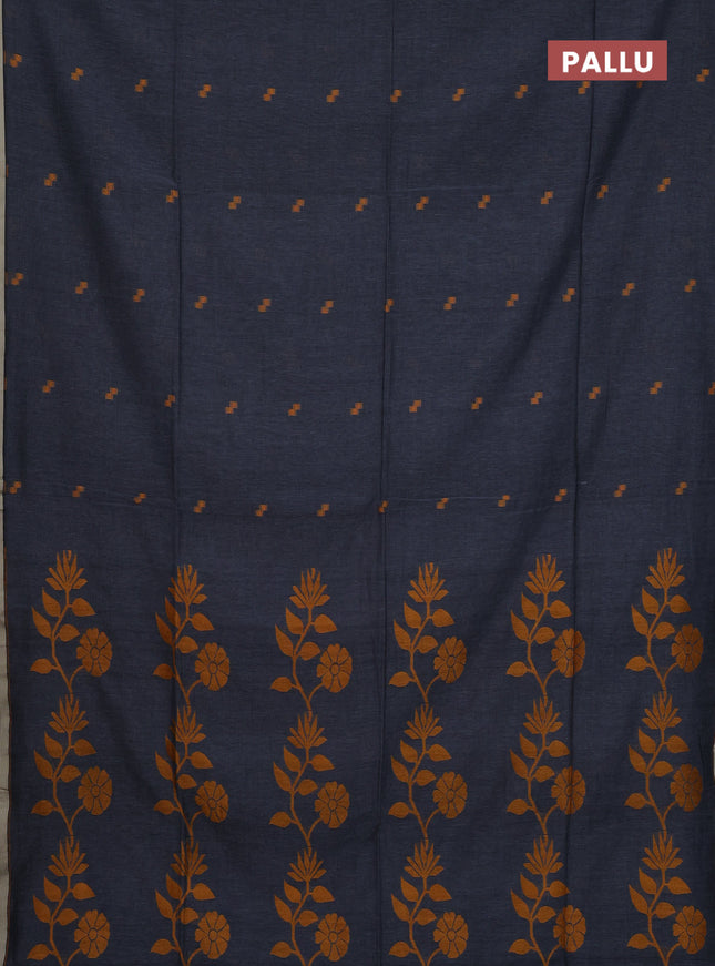 Bengal soft cotton saree dark grey with thread woven buttas and piping border