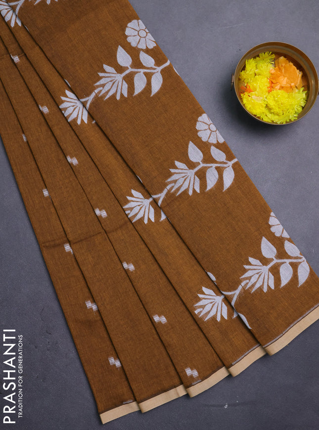 Bengal soft cotton saree dark mustard with thread woven buttas and piping border