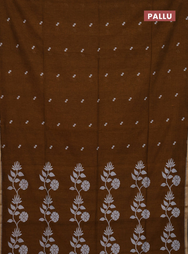 Bengal soft cotton saree dark mustard with thread woven buttas and piping border