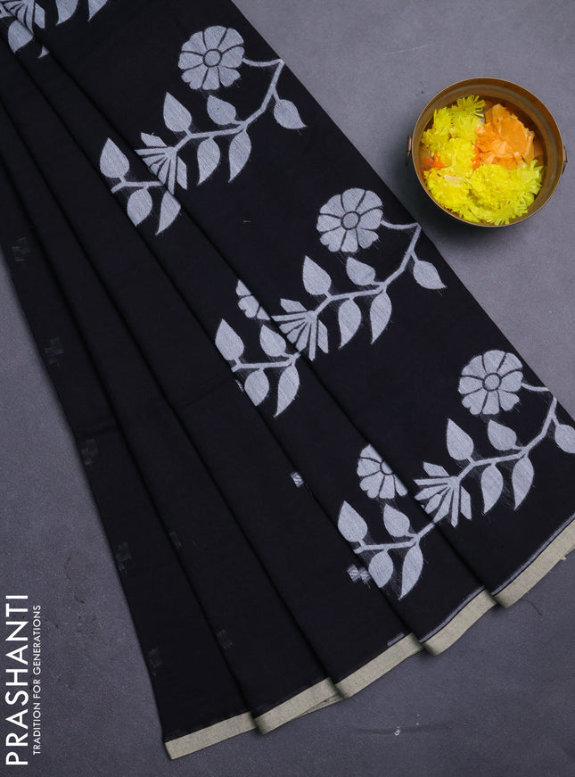 Bengal soft cotton saree black and beige with thread woven buttas and piping border
