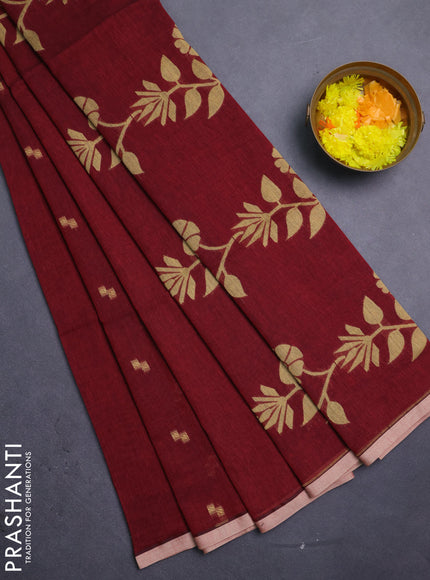 Bengal soft cotton saree maroon and beige with thread woven buttas and piping border